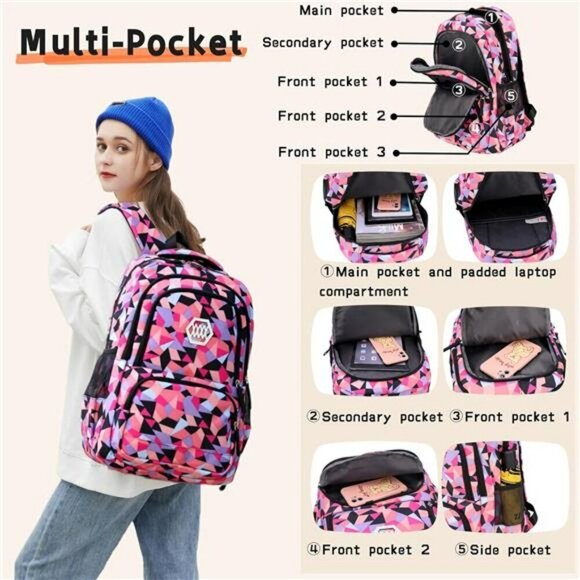 Geometric Kids Backpack School Bag Boys Girls Travel Laptop Bookbag Large main image 4